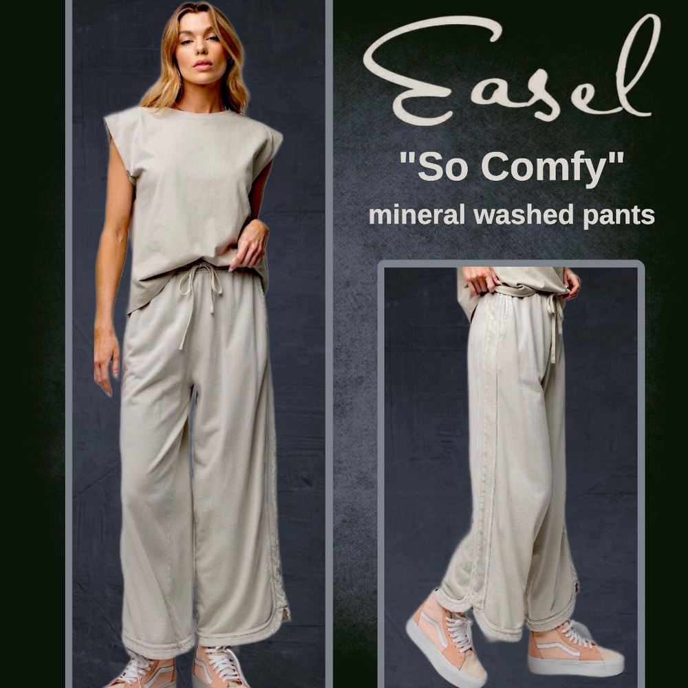 EASEL "So Comfy" Side Seams Scooped Hem Wide Leg Mineral Washed Pants Drawstring